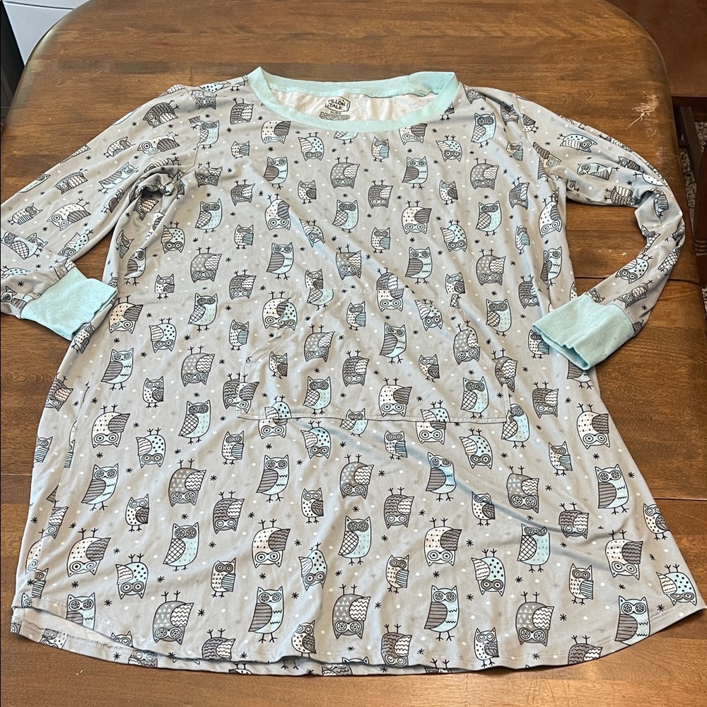 Pillow Talk - Owl print nightgown with long sleeves & kangaroo pocket